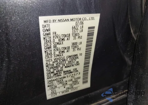 2006 Nissan Titan Se из США, поврежденный, VIN 1N6AA07AX6N572573